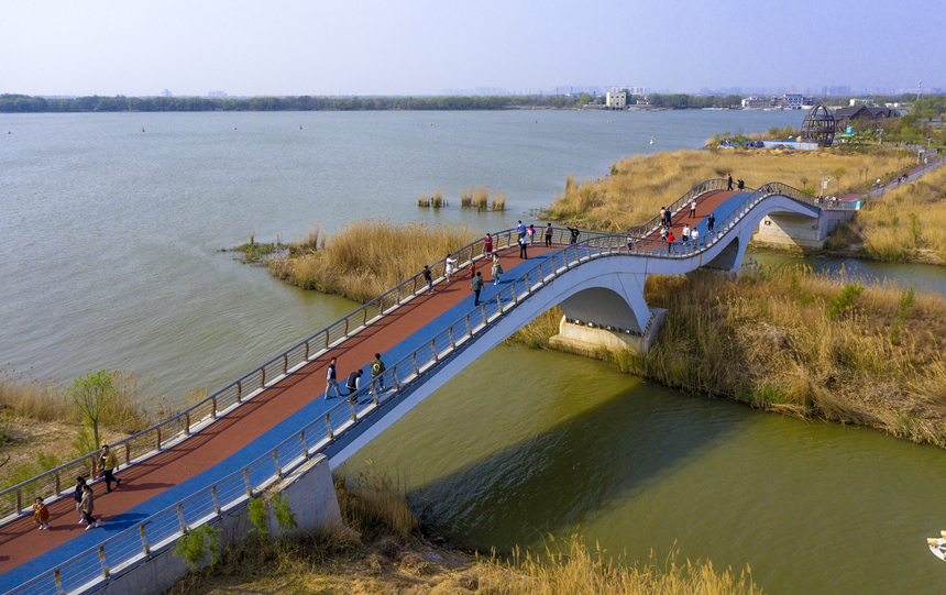 游客在衡水湖景區(qū)游玩觀景。 陳康攝