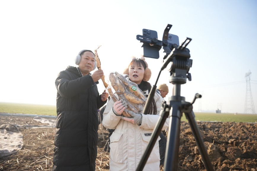 1月7日，在河北省隆堯縣東良鎮(zhèn)澤畔村蓮藕種植基地，農(nóng)民正在通過直播平臺銷售蓮藕。王雪攝