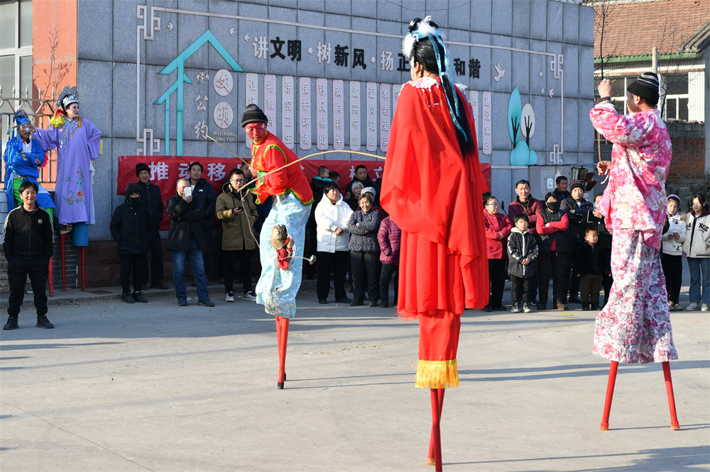 高蹺秧歌經(jīng)典節(jié)目《抓蛤蟆》上演。張澤慧攝